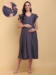 CHARISMOMIC Ruffle Charm sleeve Maternity & Nursing Dress : Blue