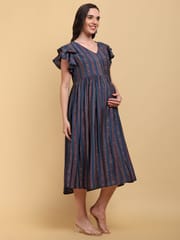 CHARISMOMIC Ruffle Charm sleeve Maternity & Nursing Dress : Blue