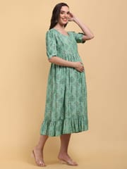 CHARISMOMIC Green Petal Push Maternity & Nursing Dress : Green