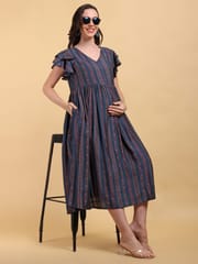 CHARISMOMIC Ruffle Charm sleeve Maternity & Nursing Dress : Blue