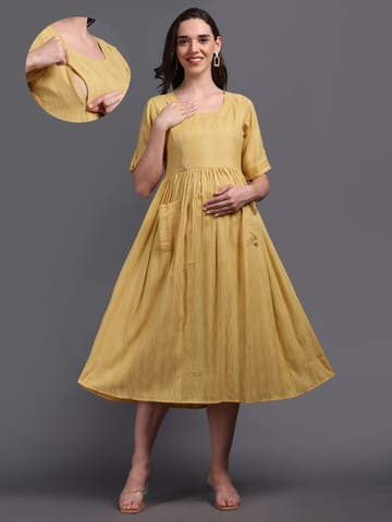 CHARISMOMIC Patch Pocket Yellow hue  Maternity & Nursing Dress: Yellow